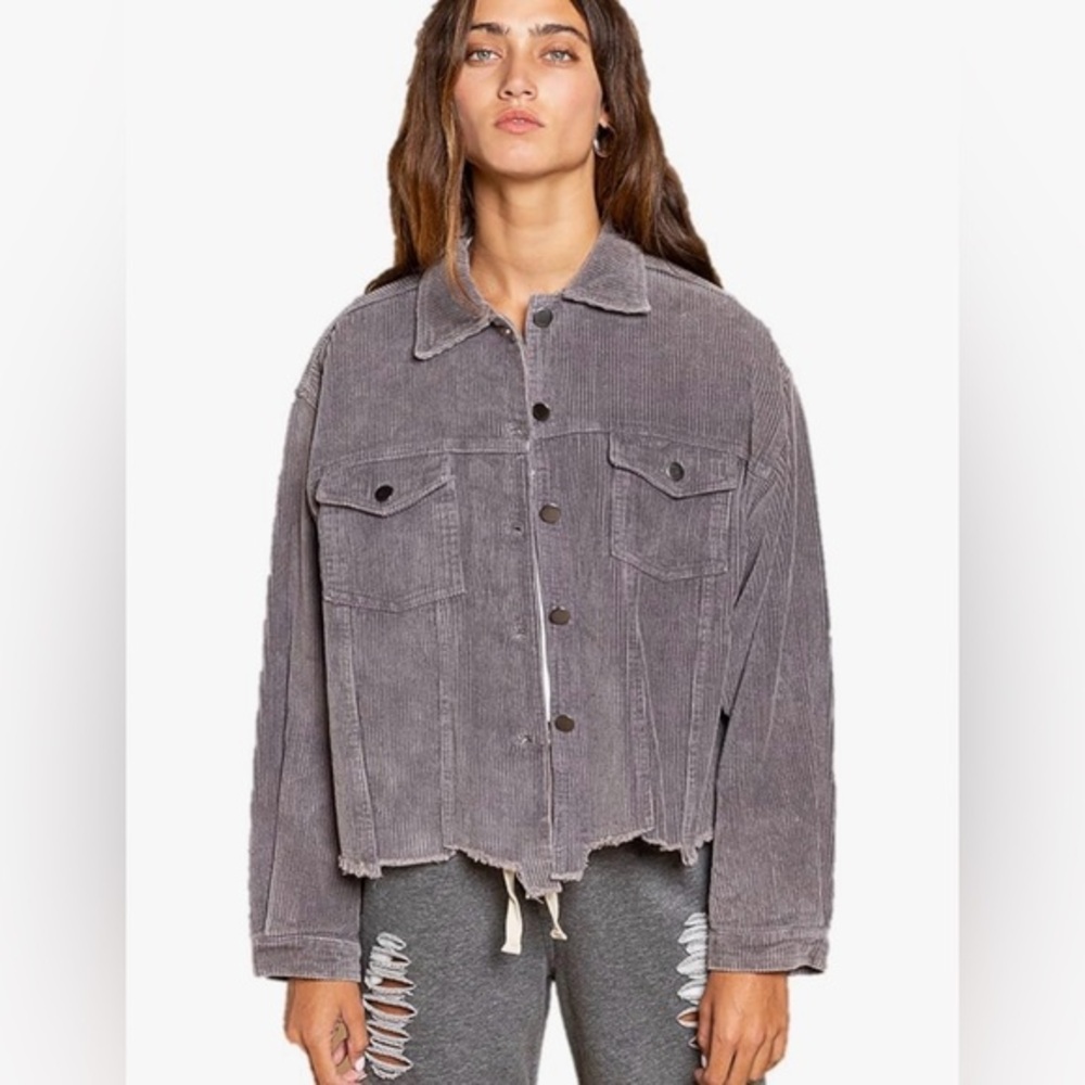 POL Women's Lavender/grey Raw Hem Corduroy Trucker Jacket
